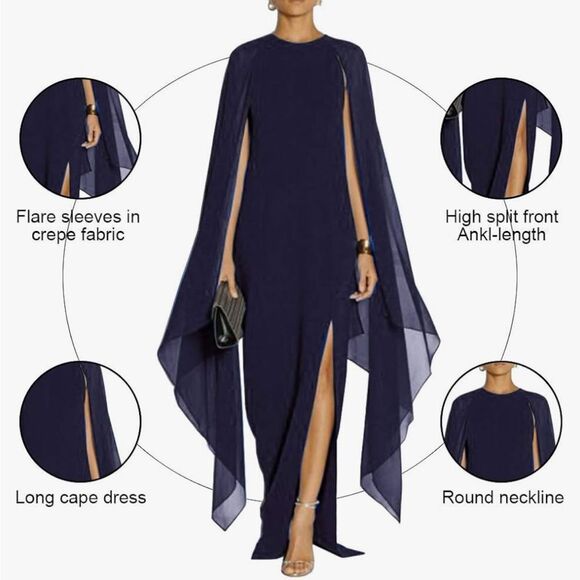 Evening Gown Chiffon Cape Sleeve Maxi Dress Slit Dark Blue Size Large NWOT - Picture 11 of 14